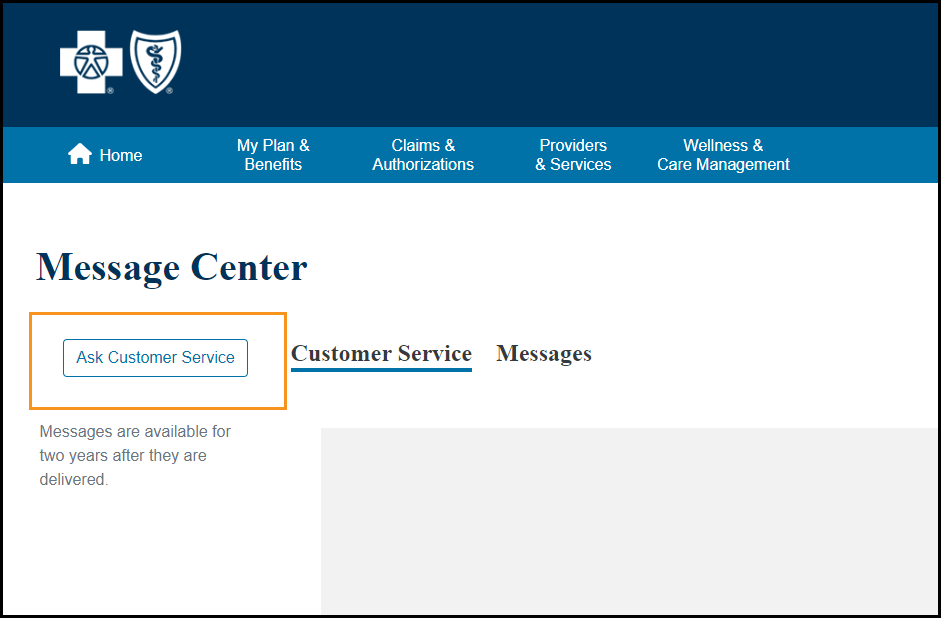 The Message Center page and Ask Customer Service is highlighted